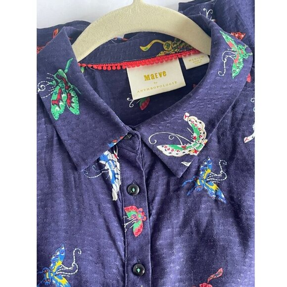 Anthropologie Blouse Womens Medium Blue Butterfly Short Sleeve Button Peplum Hem - Picture 5 of 14